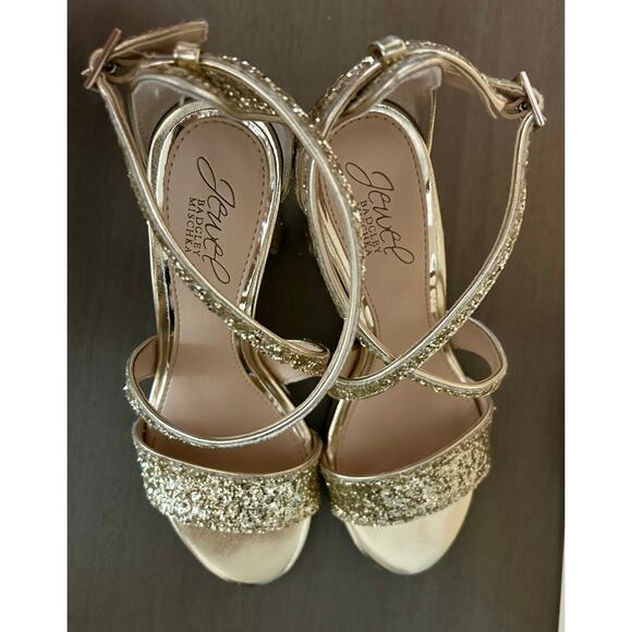 BEAUTIFUL Jewel Badgley Mischka Metallic Gold Glitter Evening Block Heel Sz 6.5 - Picture 4 of 8